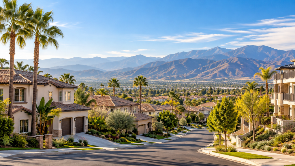 Southern California residential neighborhood with palm trees and mountain views